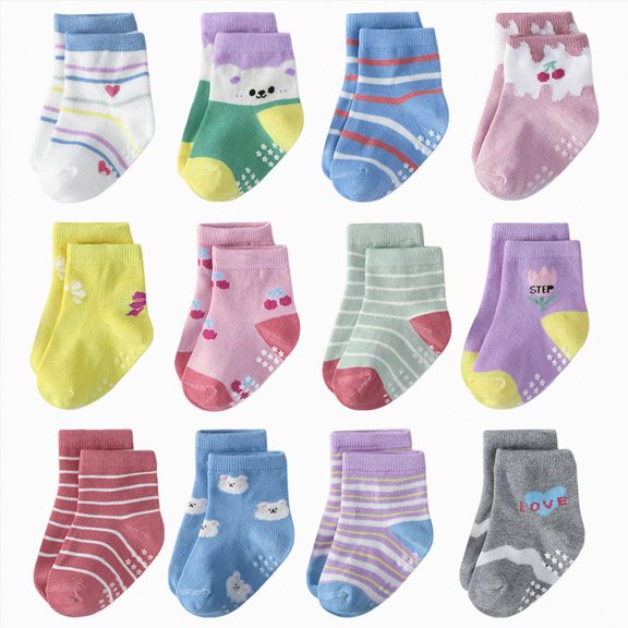 WUANDIXFA Socks Toddler 12 Pairs Toddler Non Slip Kid Boy Girl Socks with Grips, Toddlers Child Anti Skid Gripper Socks,Pink,5-7 Years