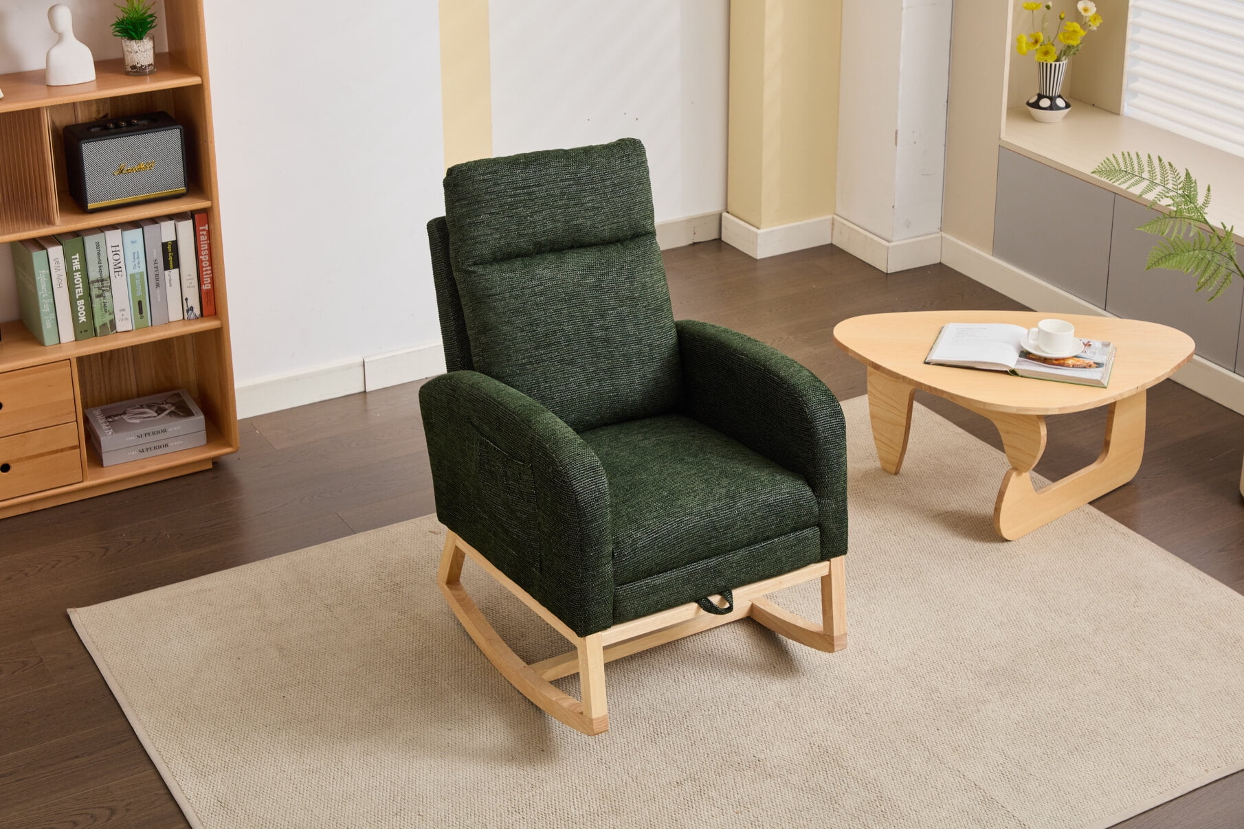 Modern Rocking Chair with Solid Wood Frame & High-Density Cushioning, Nursery Glider with Side Pocket, Breathable Fabric Lounge Armchair for Living Room Comfort & Baby Nurture