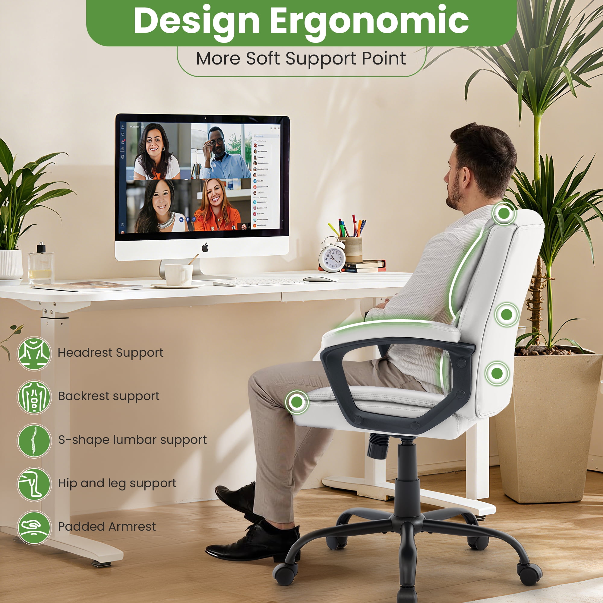 JONPONY Leather Office Chair, Big and Tall 400lbs Ergonomic Desk Chairs with Back Support, Executive Leather Chair with Wheels for Home Office, 360°Swivel Free, White
