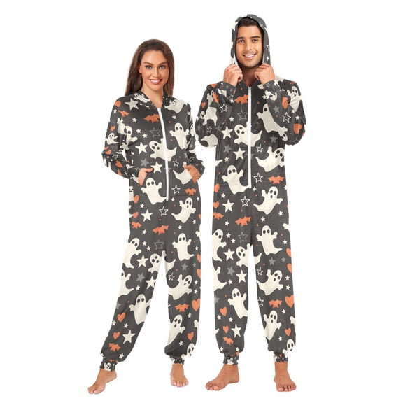 Adult Christmas Onesie Halloween Ghost Stars Adult Zipper One-Piece Pajamas Unisex Pajamas with Pockets