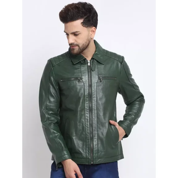 Abez Slim Fit Men's olive Lambskin Motorcycle Biker Jacket All Seasons Party Wear Jacket