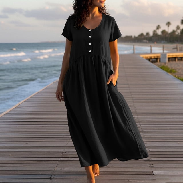 TaTaai Short Sleeve V-Neck Maxi Dress Women's Solid Color Casual Pocket Detail Stretchy Polyester Blend Summer Long Dress Gift