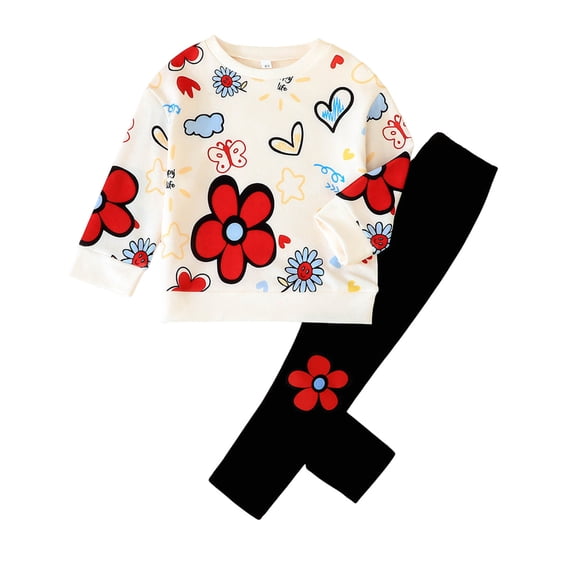 newwalpole Girl's 2 Piece Outfits Long Sleeve Floral Sweatshirt and Leggings Pants Fall Clothing Set Red for Size 6-7 Years