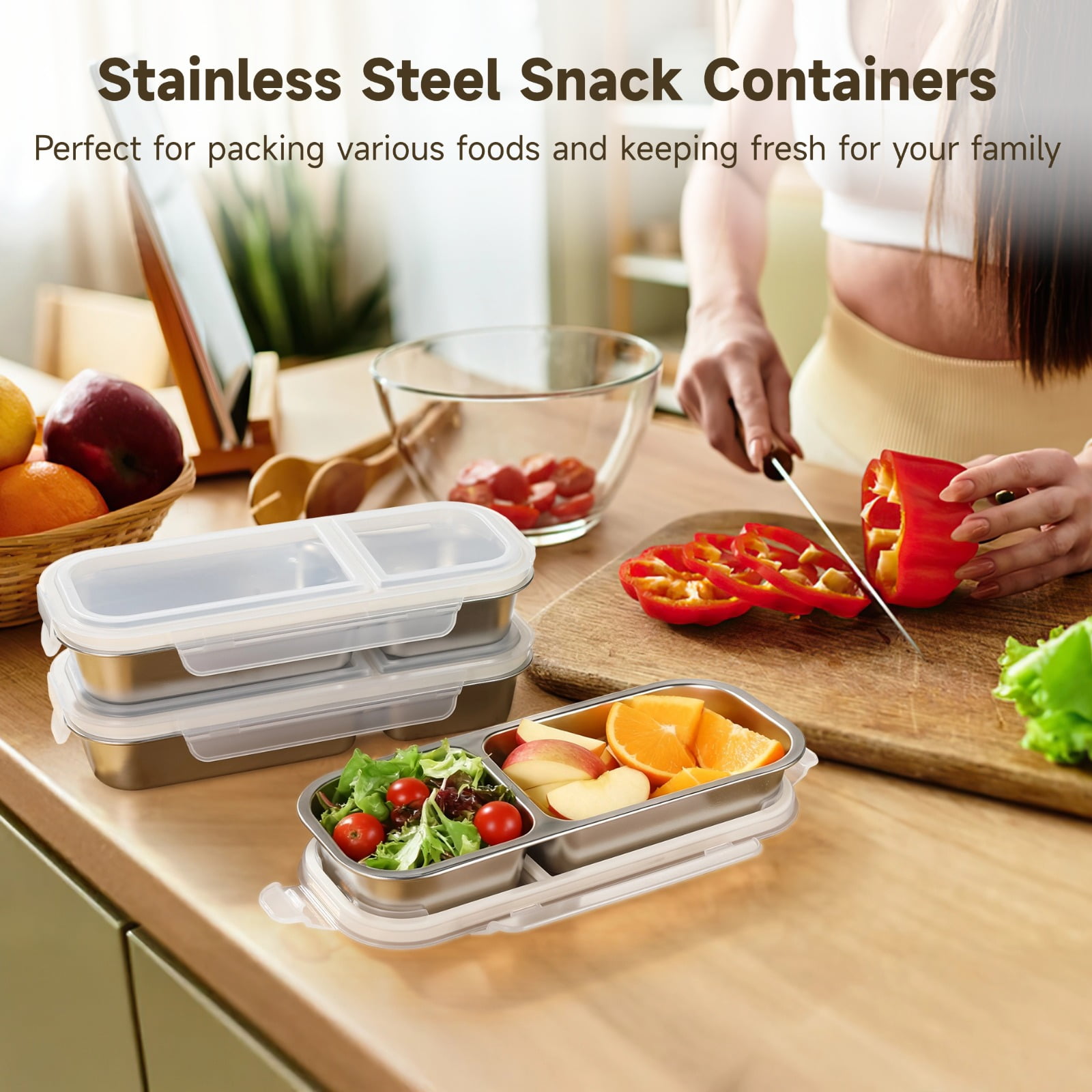 4 Pcs Stainless Steel Bento Boxes, 2-Compartment 23.7 fl oz Snack Containers with Leakproof Silicone Seals, Stackable Meal Prep Food Storage Box for Adults & Youngsters