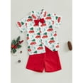 thumbnail image 3 of Suealasg Little Boys Christmas Gentlemen Outfits 6M 1T 2T 3T 4T Car Tree Print Short Sleeve Button Shirt + Shorts Set 2Pcs Casual Summer Clothes for Toddler Boys, 3 of 7