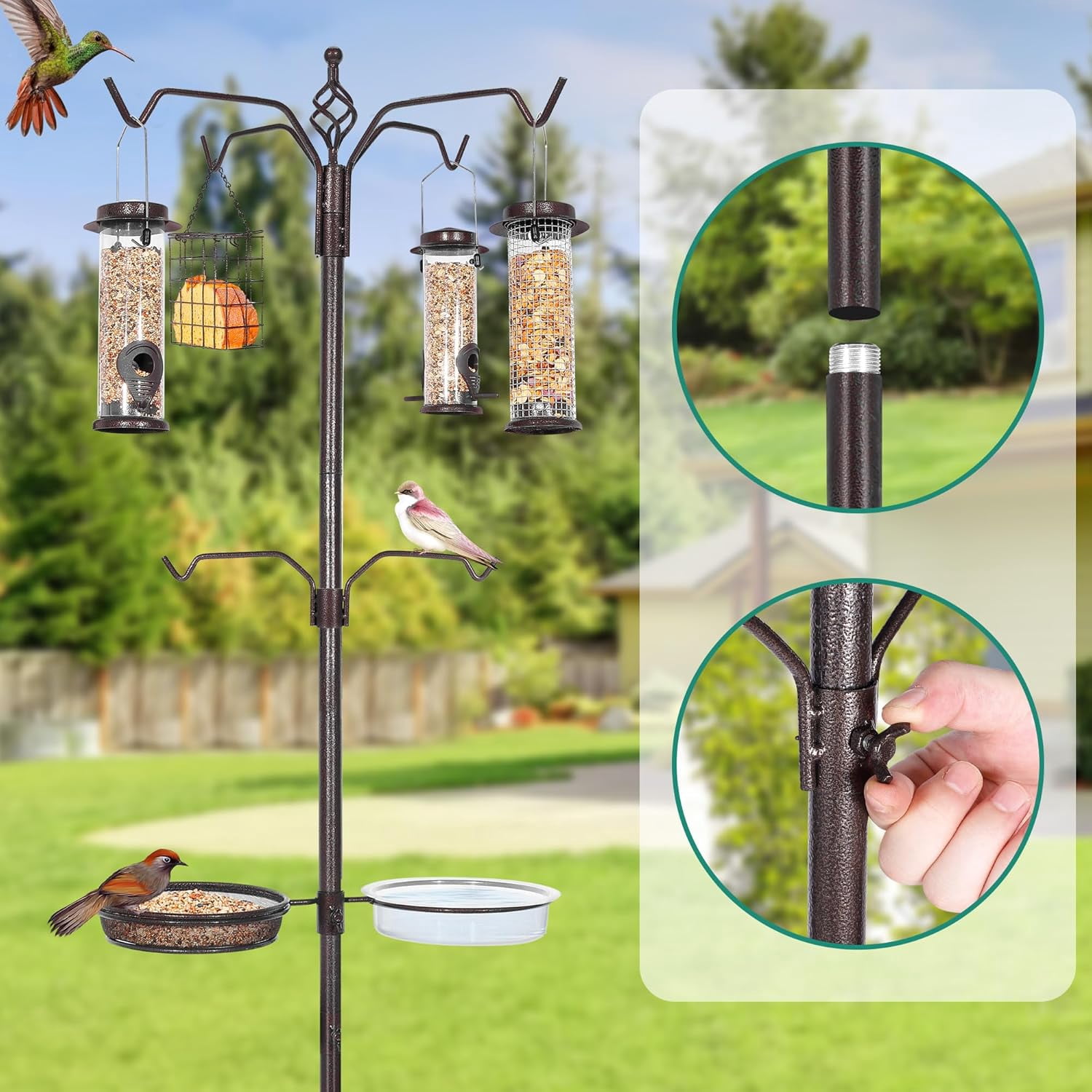 6-Hook Bird Feeding Station Kit, 94 Inch Heavy Duty Bird Feeder Stand Pole for Outdoors Hanging with 4 Feeders, Wide Metal Squirrel Baffle, Attracting Wild Birds