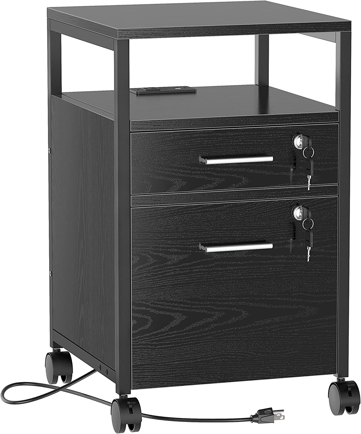 File with Lock & Charging Station, 2 Drawers Rolling Filing