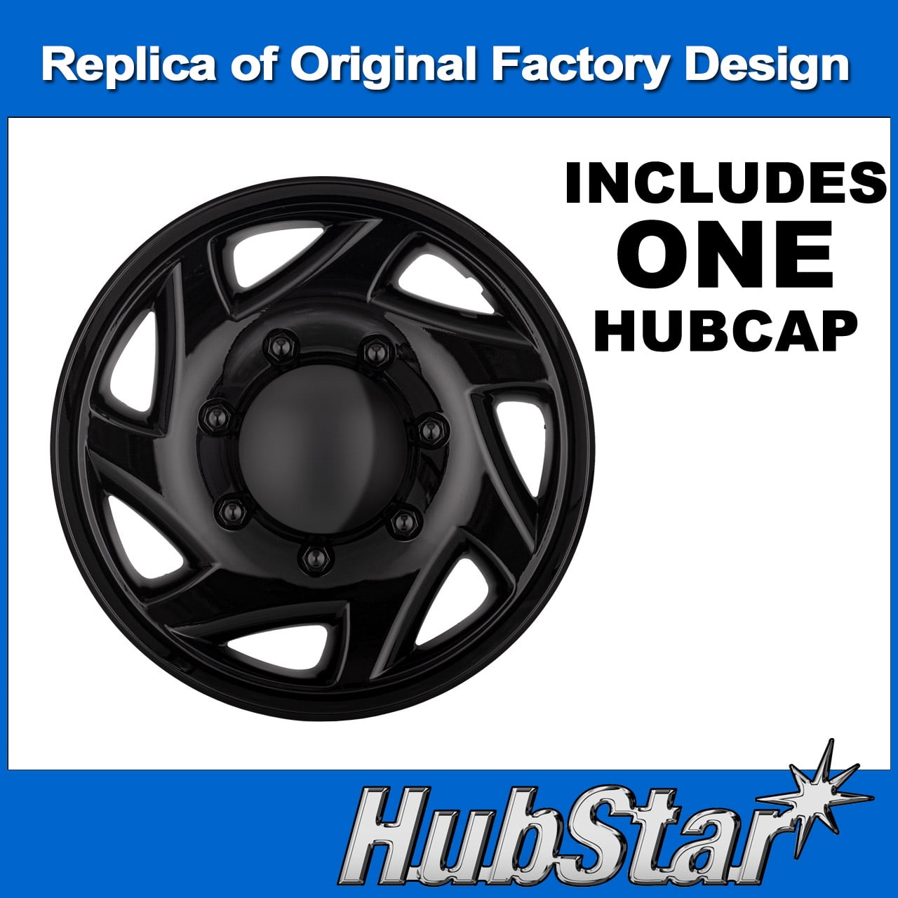 HubStar Hubcap for Ford Van 1998-2023, Gloss Black Premium Heavy-Duty Replacement 16-inch (1 Piece)
