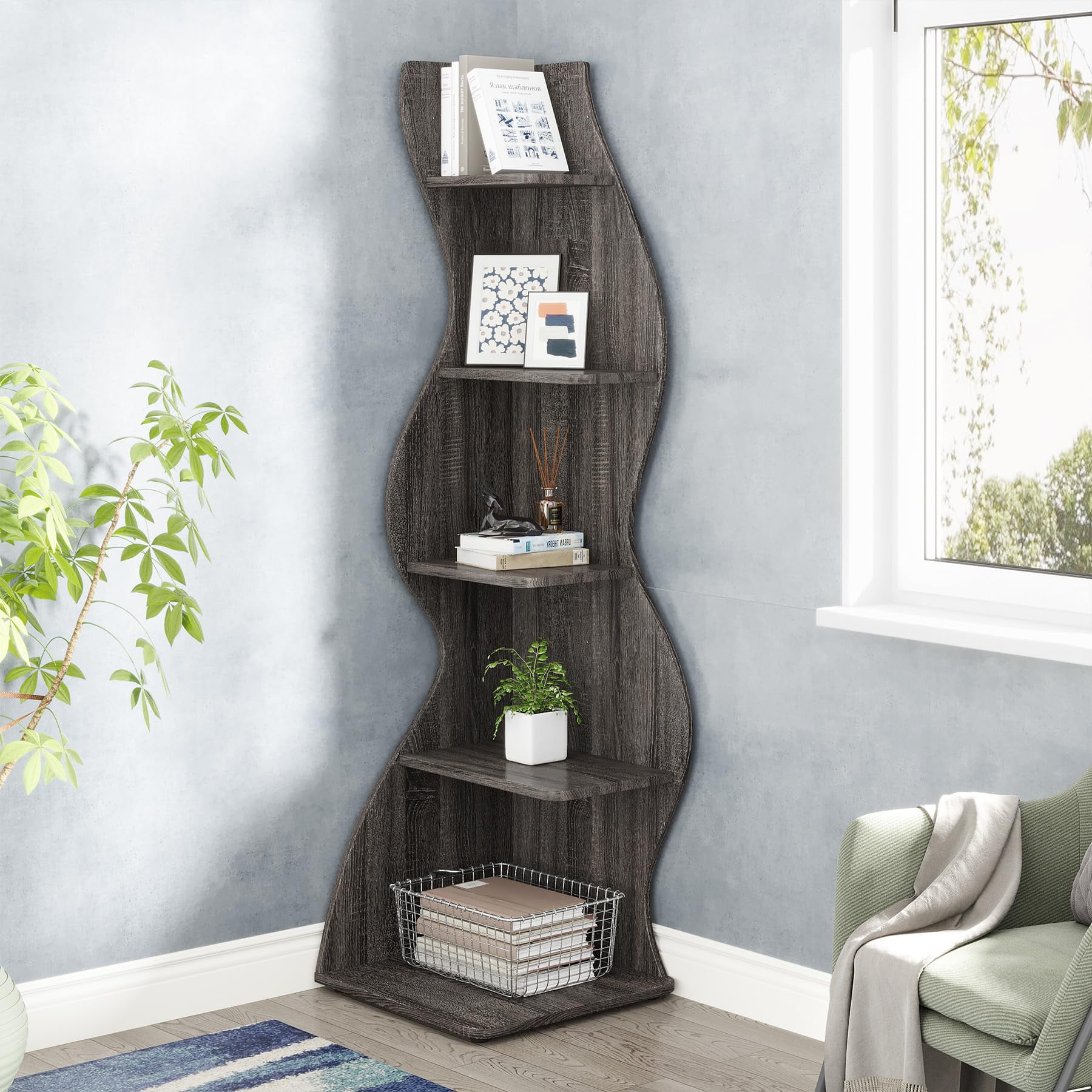 Tribesigns Corner Shelf, Modern 5-Tier Corner Bookshelf, Stylish Corner Bookcase Plant Stand (Gray)