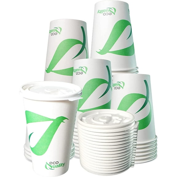 16 oz Compostable Paper Cups with White Flat Lids - Biodegradable Disposable White Paper Coffee Cups PLA Lined - Eco-friendly Hot and Cold Drinking Cups (25)