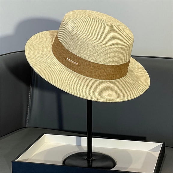 Straw Beach Sun Hat, Wide Brim Panama Hat for Women and Men, Summer UV Protection Boater Hat for Vacation, Travel, Garden Party, and Outdoor Activities Beige