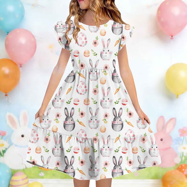 Vestido de verano para niños de 5 a 14 años, manga corta, cuello redondo, estampado de doble capa, plisado y con mangas cortas.