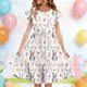 thumbnail image 1 of Vestido de verano para niños de 5 a 14 años, manga corta, cuello redondo, estampado de doble capa, plisado y con mangas cortas., 1 of 7