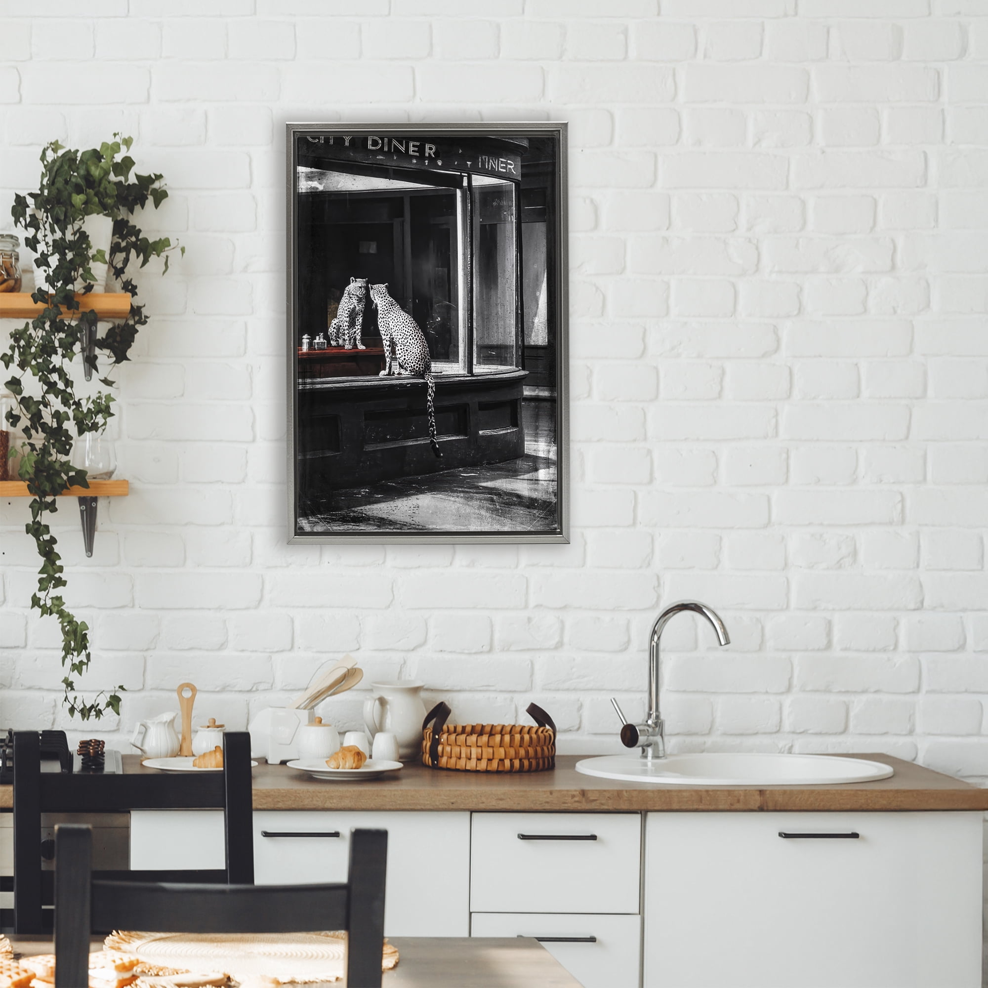 Stupell Industries Diner Noir Leopard Reflection Gray Framed Floater Canvas Wall Art, design by Annabelle Hall