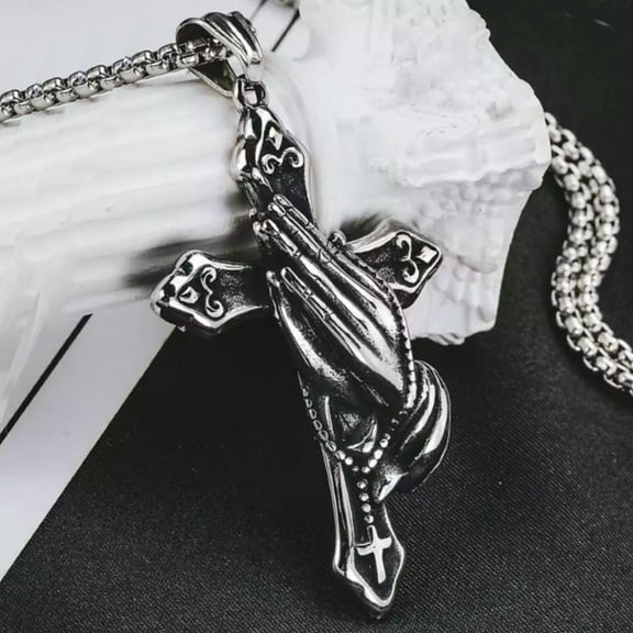 HOOUN Mens Silver Praying Hands Cross Pendant Necklace Stainless Steel Box Chain 24"