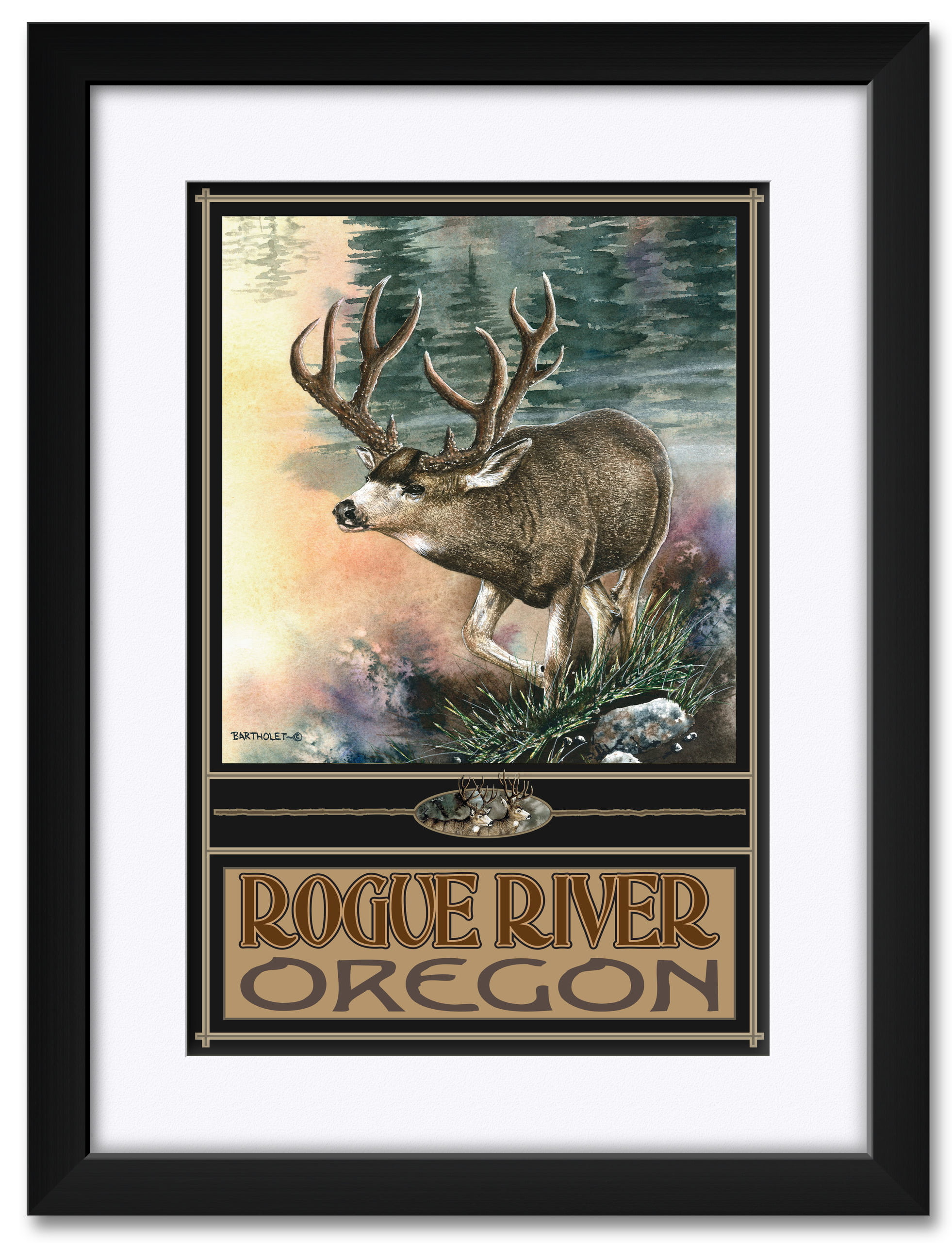 Rogue River Oregon Elk Framed & Matted Art Print by Dave Bartholet. Print Size 12" x 18" Framed