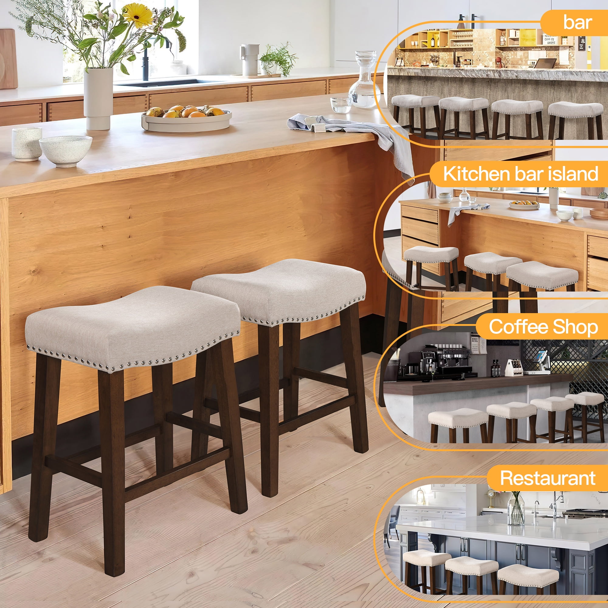 24 inch Bar Stools Set of 2 Linen Counter Height Kitchen Stools Curved Backless Saddle Barstools for Kitchen Island, Beige