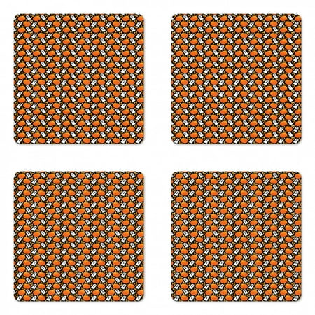 

Halloween Coaster Set of 4 Repetitive Spooky Elements Ghost and Pumpkins Square Hardboard Gloss Coasters Standard Size Marigold Fern Green by Ambesonne