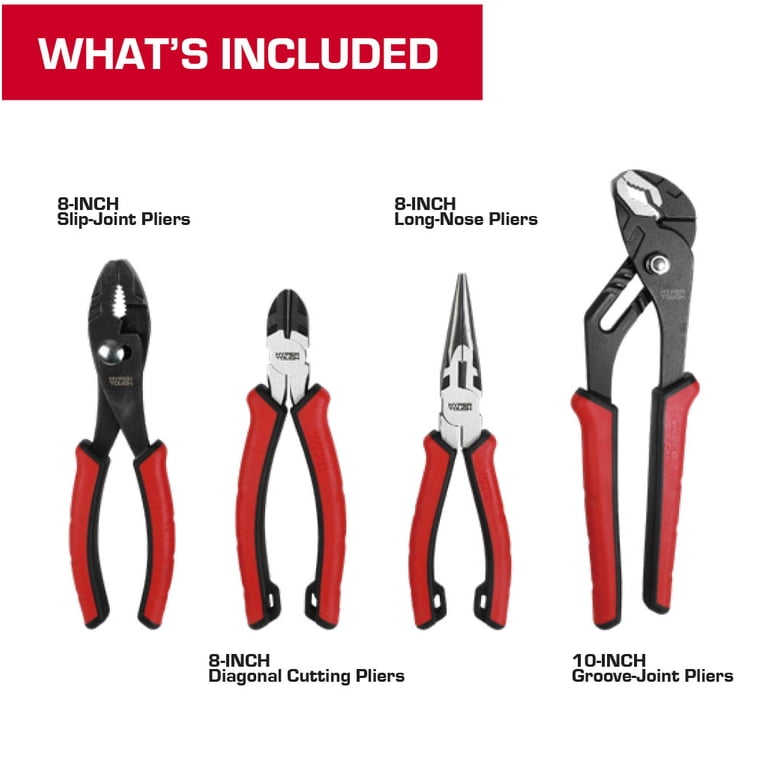 Hyper Tough 4-Piece CR-V Pliers Set with Dual Material Comfort
