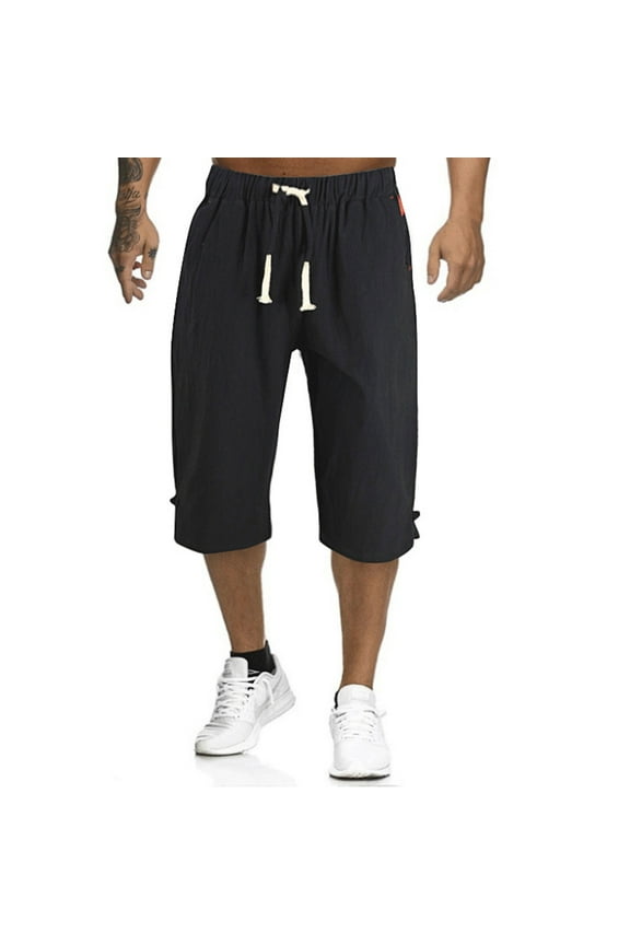 Mens Capri Long Shorts Men Casual Fashion Drawstring Solid Color Cotton And Linen Seven Points Pants Black XL