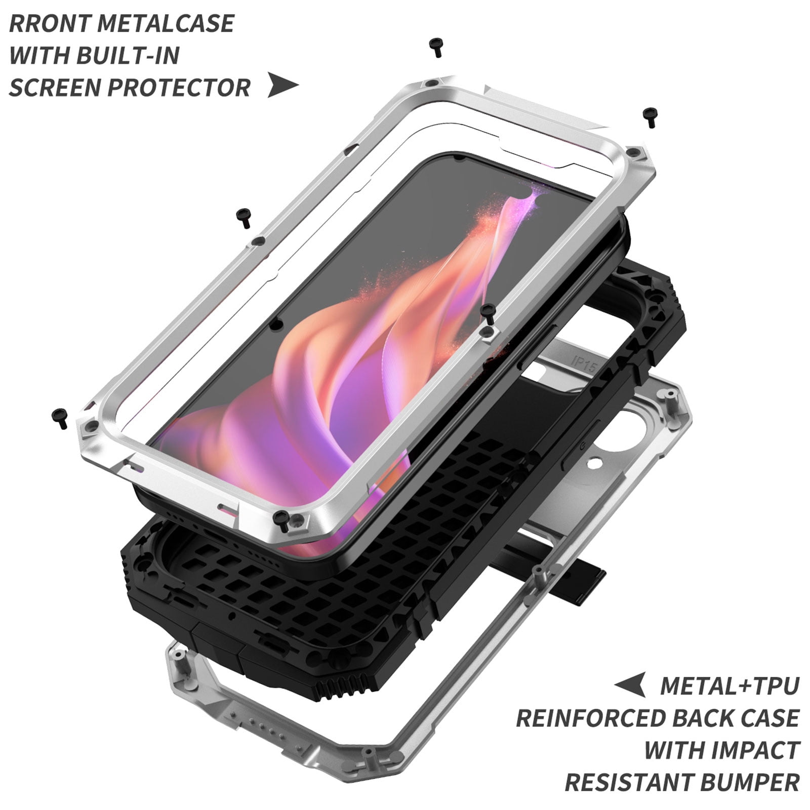 for iPhone 13 Armor Cover Case with Screen Protector, with Built-in 360° Rotate Ring Stand Heavy Duty Protection Cover Case for Apple iPhone 13, Silver