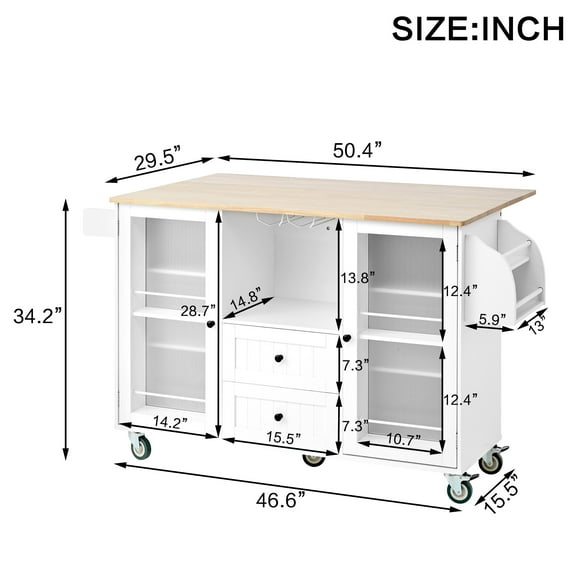 Mobile Kitchen Island Cart with Drop Leaf - White Storage Trolley with 2 Drawers, Spice Rack & Wheels
