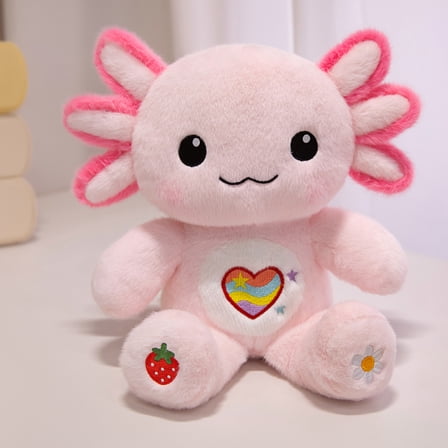 13-Inch Pink Axolotl Plush Stuffed Animal, Soft Cuddly Plush Toy with Rainbow Heart, Strawberry & Daisy Embroidery