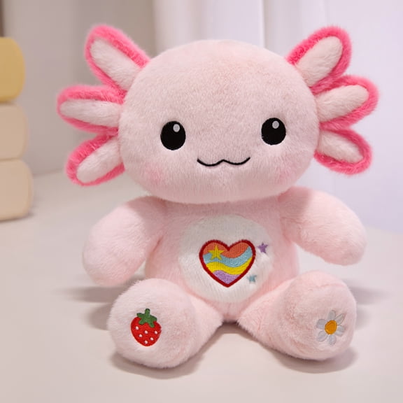 13-Inch Pink Axolotl Plush Stuffed Animal, Soft Cuddly Plush Toy with Rainbow Heart, Strawberry & Daisy Embroidery
