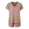 thumbnail image 7 of Bloomae Womens Two Piece Sets Summer V Neck Basic Solid Color Athletic Workout Short Sets Loose Casual Side Slit Short Sleeve Pullover Tops and Drawstring Elastic Waist Shorts with Pockets Brown L, 7 of 7