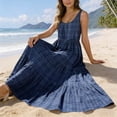thumbnail image 7 of XUNKUSGA Maxi Sundresses for Women Casual Scoop Neck Sleeveless Plaid Pleated Flowy Womens Summer Dresses Classic High Waisted Beach Swing Dress with Pockets,Blue,M, 7 of 7