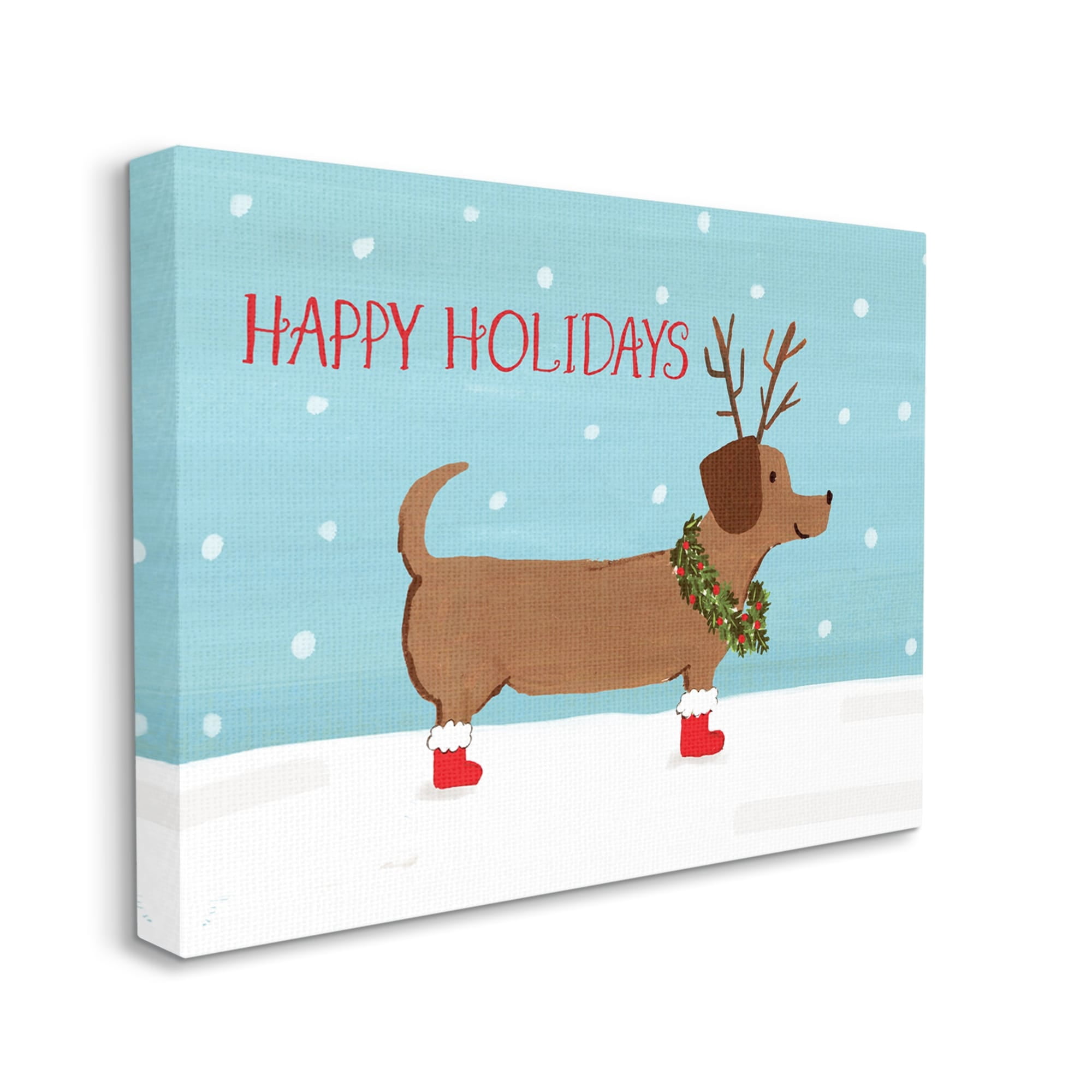Happy Holidays Text Dog Wearing Antlers Snow Scene Animals & Insects Painting Gallery-Wrapped Canvas Print Wall Art