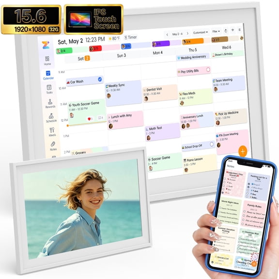 KIVDIT 15.6" IPS FHD Touchscreen Digital Calendar, Family Command Center, Chore Chart & Meal Planner, Ambient Light, WiFi Sync, Wall & Desk Mount, Large Digital Photo Frame