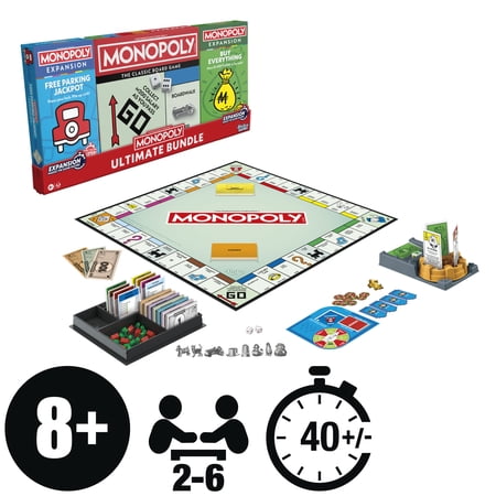 MONOPOLY ULTIMATE BUNDLE, MONOPOLY CLASSIC GAME AND 2 EXPANSION PACKS, FAMILY BOARD GAMES, AGES 8 AND UP