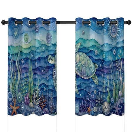 Sea Turtle Blackout Curtains 45 Inches Long Ocean Seashells Bubbles Coastal Boho Thermal Insulated Room Darkening Drapes with Grommets for Living Room 42 W x 45 L 2 Panels