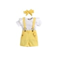 thumbnail image 1 of Chollius Toddler Kids Girls Summer Clothes Ribbed Ruffle Crew Neck Short Sleeve T-Shirt Tops Suspender Pocket Shorts Headband Outfit Set, 1 of 9