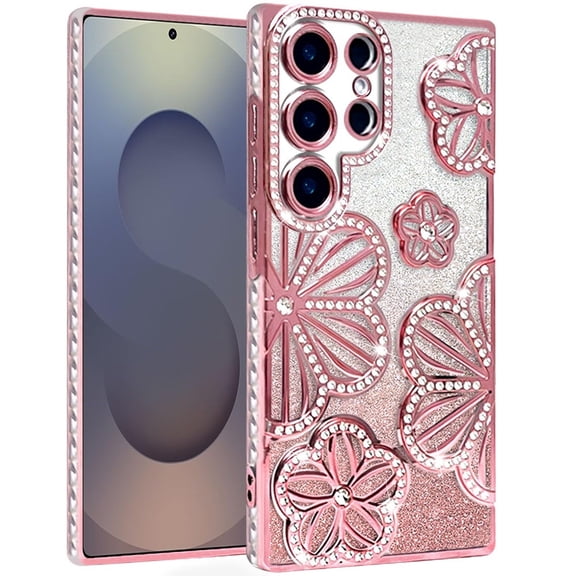 For Samsung s26 Ultra Shimmer Glitter Floral Design Thick TPU Case Cover - Rose Gold