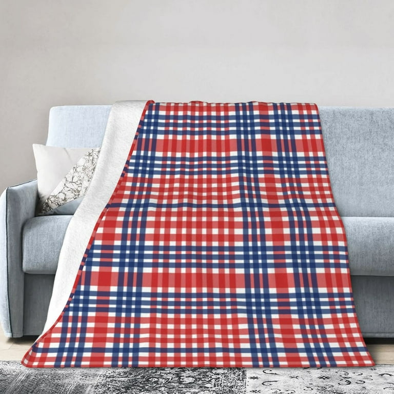 Red And Blue Checkered Stripes Throw Blanket Fluffy Soft Cozy Blanket Flannel Plush Microfiber Couch Throw Bedding 60 x50