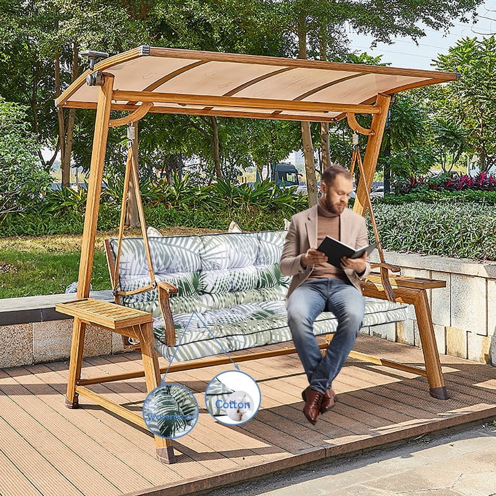 Porch Swing Cushions, Swing Cushions 3 Seater Replacement with Backrest, Thicken 4" Waterproof Bench Pad Cushions, Outdoor Loveseat Cushions Non-Slip Chairs Pad (Bamboo Leaves)