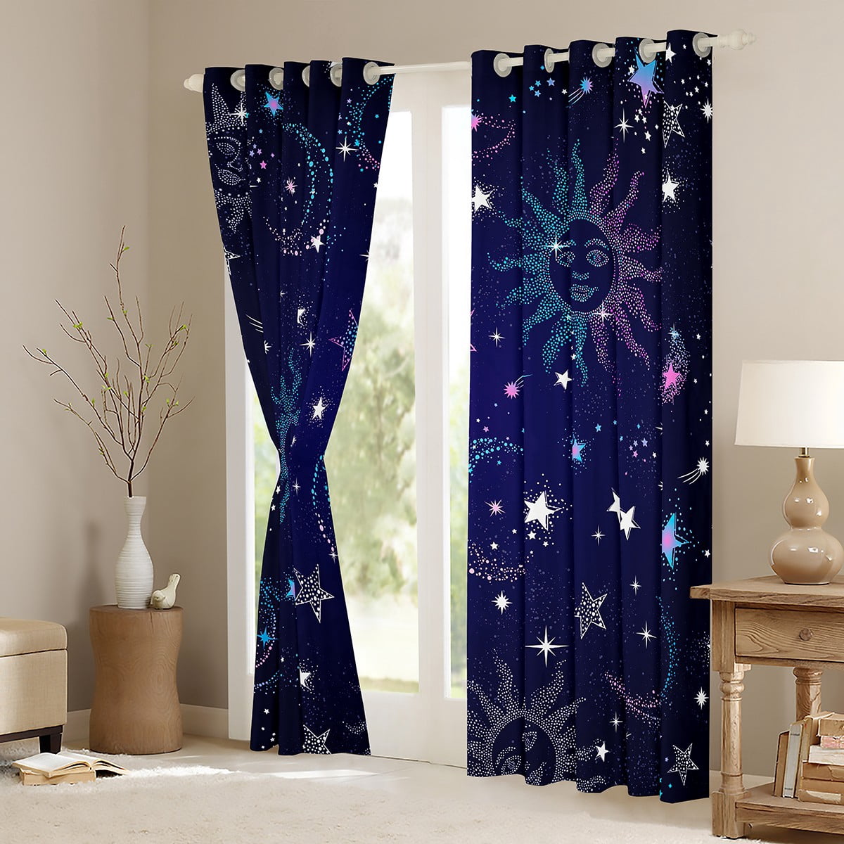 Manfei Glitter Boho Sun Curtains Pack of 2 (42x63), Bling Stars Print Black Out Curtains, Mystic Starry Sky Blackout Curtains for Bedroom, Window Drapes Bedroom Decoration