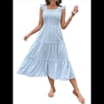 thumbnail image 3 of Vestido Bohemio de Verano para Mujer, con Rayas, Volantes, Tirantes Finos, Holgado, y Fruncido. Azul M, 3 of 10