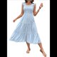 thumbnail image 3 of Vestido Bohemio de Verano para Mujer, con Rayas, Volantes, Tirantes Finos, Holgado, y Fruncido. Azul L, 3 of 10