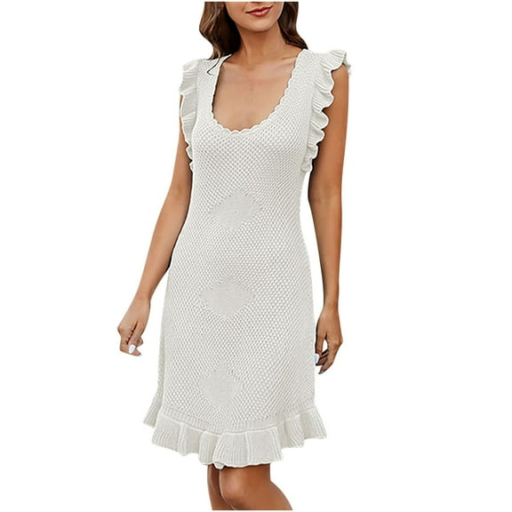 Besolor Women's Knitted Sweater Dress Sleeveless U-Neck Ruffle Summer Beach Vacation Mini Dresses