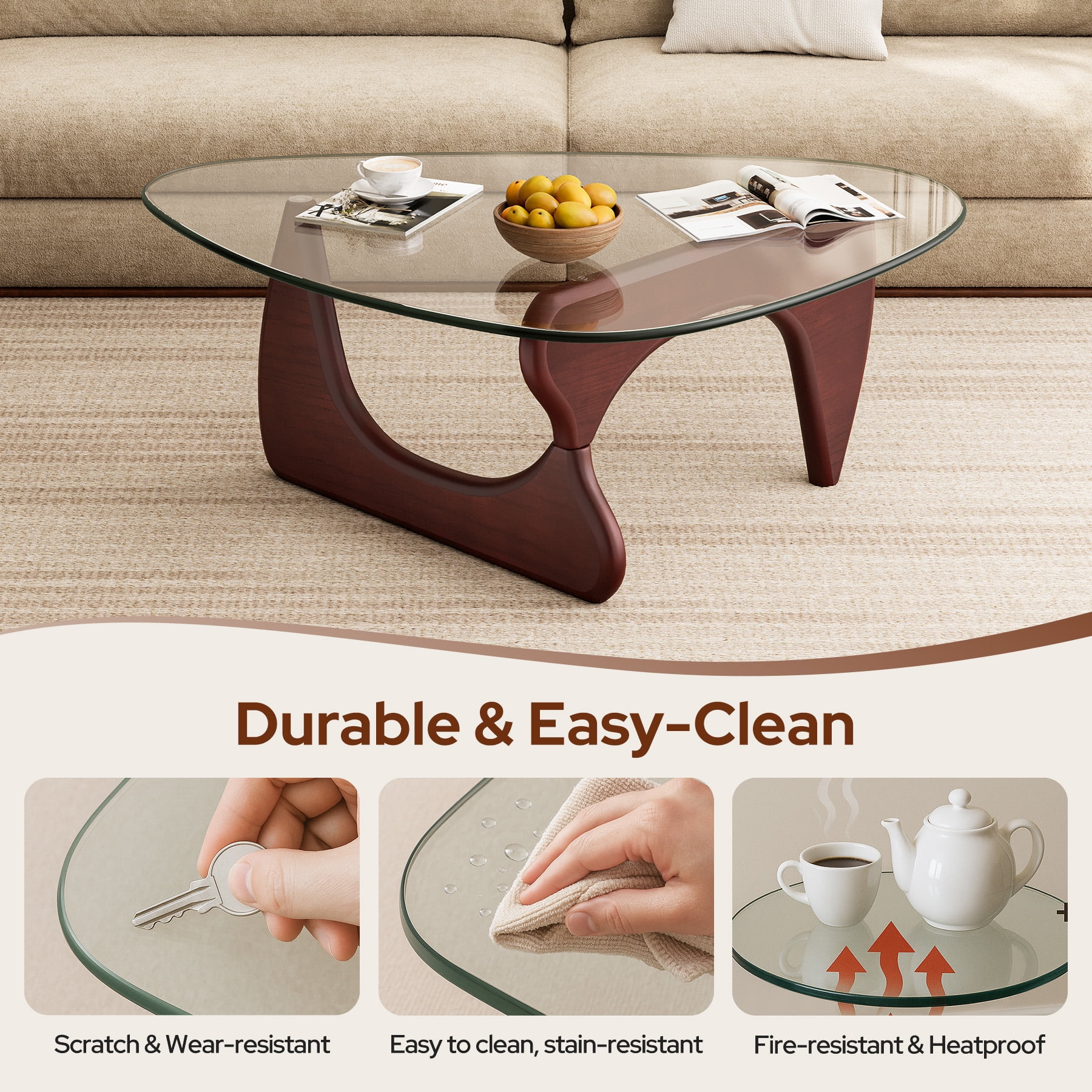 Modern Glass Coffee Table for Living Room for Bedroom Living Room, Office, Dark Walnut, 35"