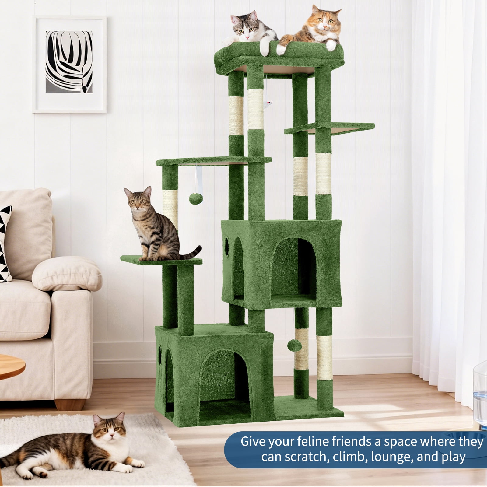 BouPower 61" Multi-Level Cat Tree Tower, Dark Grey Heavy-Duty Cat Condo with Oversized Perch, 2 Spacious Condos, Natural Sisal Scratching Posts and Play Toys for Large Adult & Maine Coon Cats