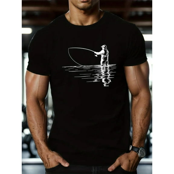 Men's Graphic Tees, Summer Comfort Short Sleeve T-Shirt, Reflective Fishing Print Casual Top，Crew neck，Funny，cotton，black，S-5XL