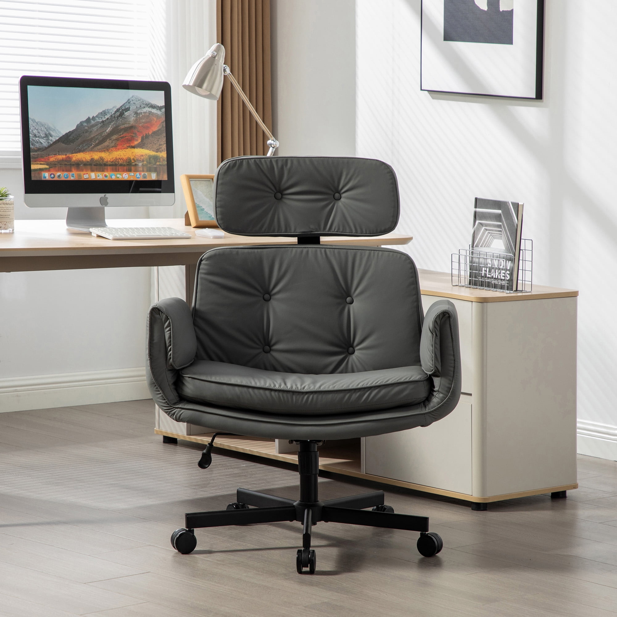 Mintazer Criss Cross Desk Chair with Armrests and Wheels, PU Leather Vanity Chair with Adjustable Swivel & Wide Seat, Office Chairs for Home Office, Make Up, Bedroom, Gray