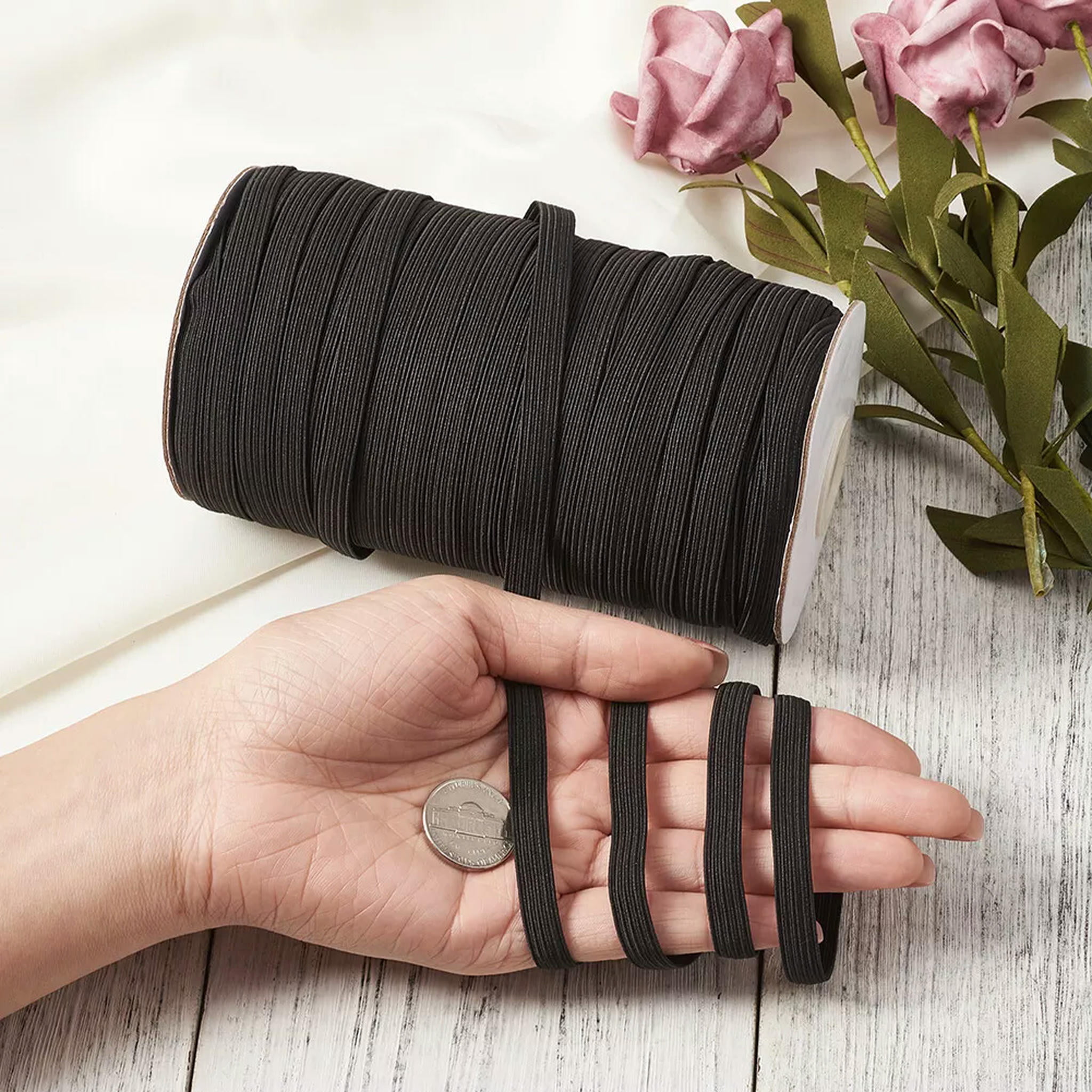 U8MO 100yd/Roll Black 8mm Flat Elastic Cords Stretch Craft String DIY Jewelry Thread