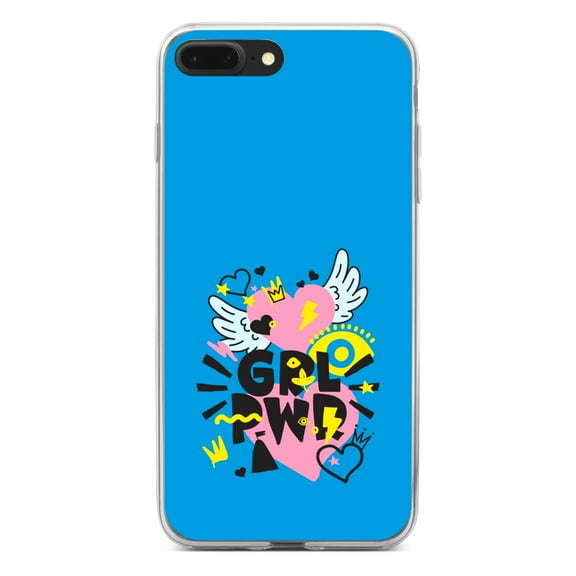 DistinctInk Clear Shockproof Hybrid Case for iPhone 7 PLUS / 8 PLUS (5.5" Screen) - TPU Bumper, Acrylic Back, Tempered Glass Screen Protector - Girl Power - GRL PWR - Pink, Blue, Yellow