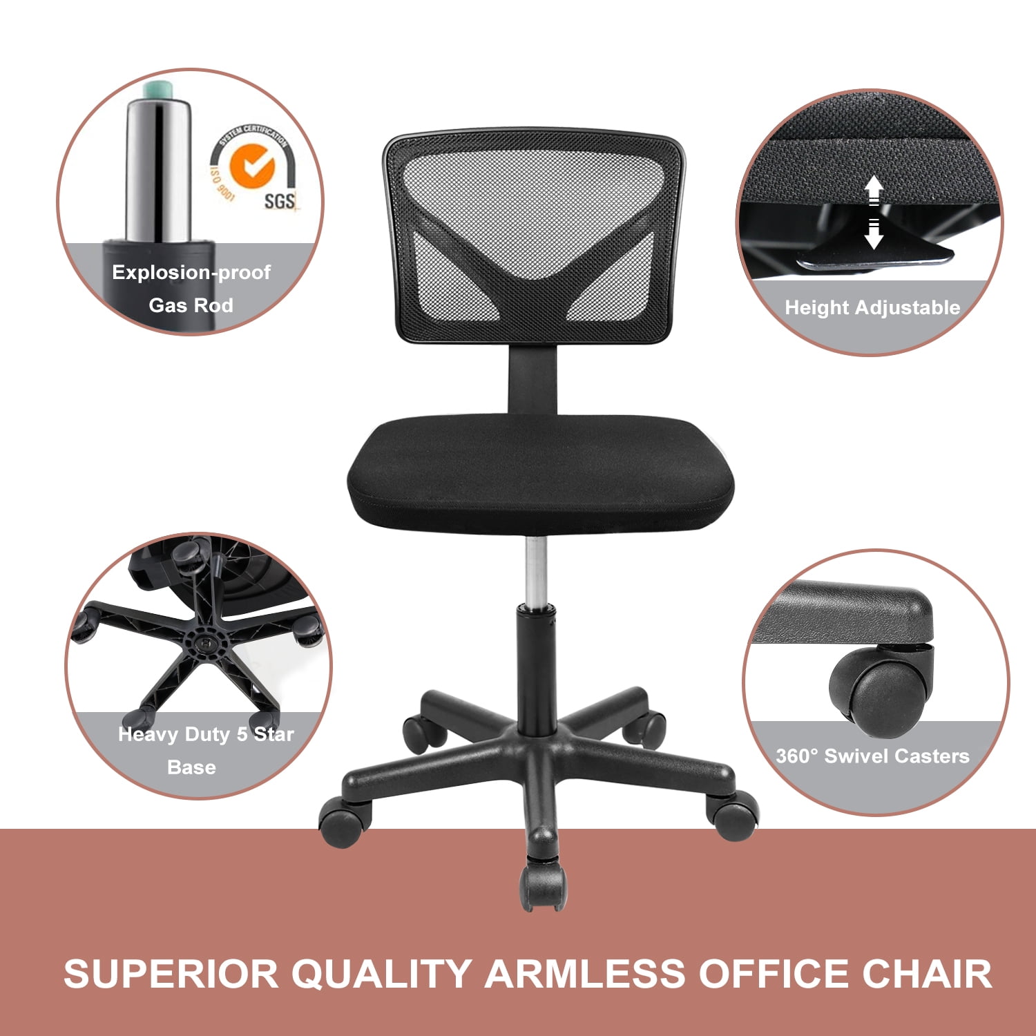 ZUNMOS Armless Mesh Desk Chair, Low Back Ergonomic Home Office Task Chair Rolling Swivel for Small Spaces, Height Adjustable, Black