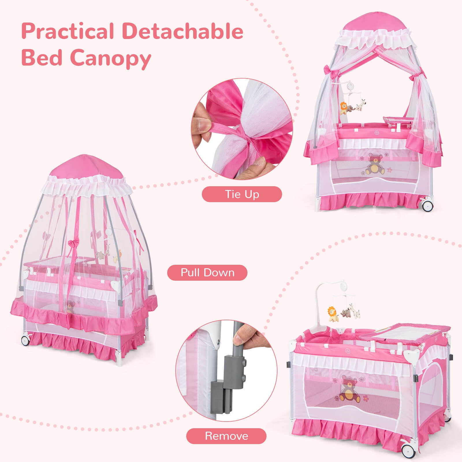 Costway Baby Playard Crib Bed 4 in 1 Portable with Changing Table Canopy Music Box Pink